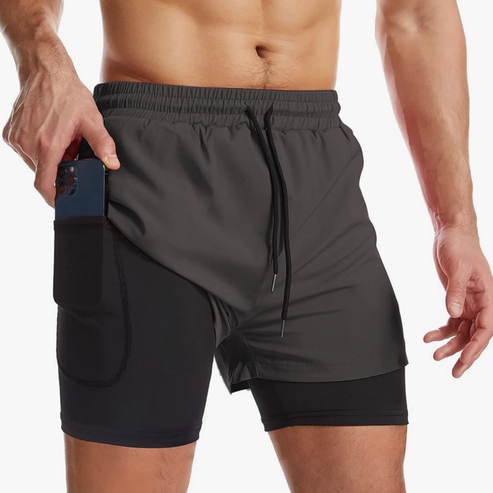 Surenow Men’s 2 in 1 Running Shorts Quick Dry with Liner XXL Dark Gray Workout - Picture 2 of 16